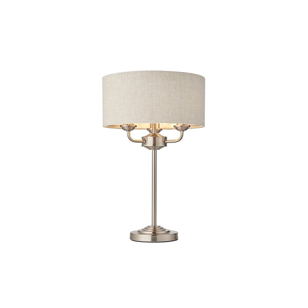 Highclere 3 Light Table Lamp in Brushed Chrome C/W Natural Shade