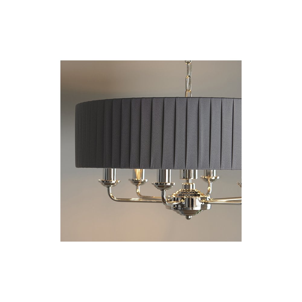 Highclere 6 Light Drum Pendant in Bright Nickel C/W Wrapped Charcoal Silk Shade