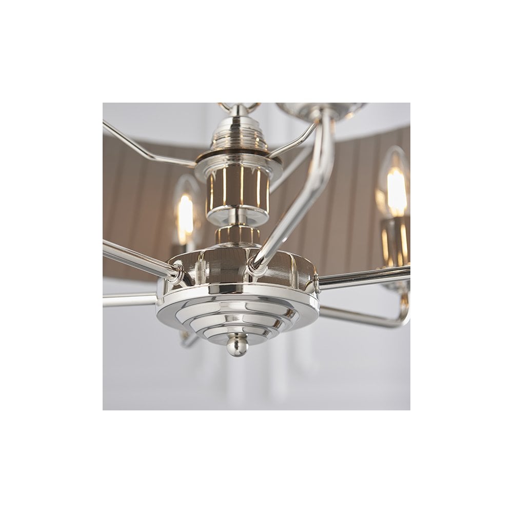 Highclere 6 Light Drum Pendant in Bright Nickel C/W Wrapped Charcoal Silk Shade