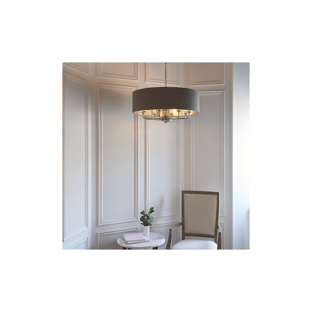 Highclere 6 Light Drum Pendant in Bright Nickel C/W Charcoal Shade