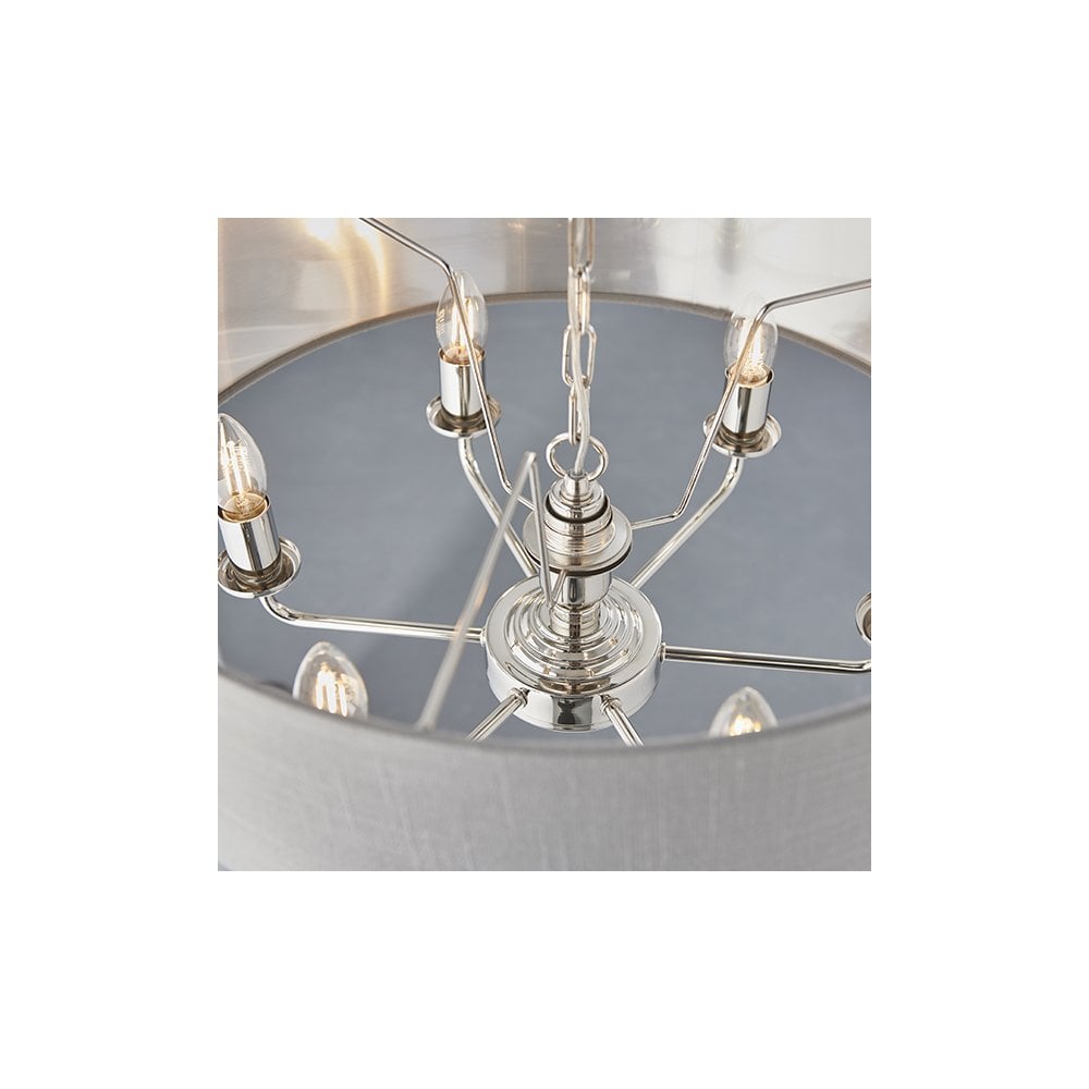 Highclere 6 Light Drum Pendant in Bright Nickel C/W Charcoal Shade