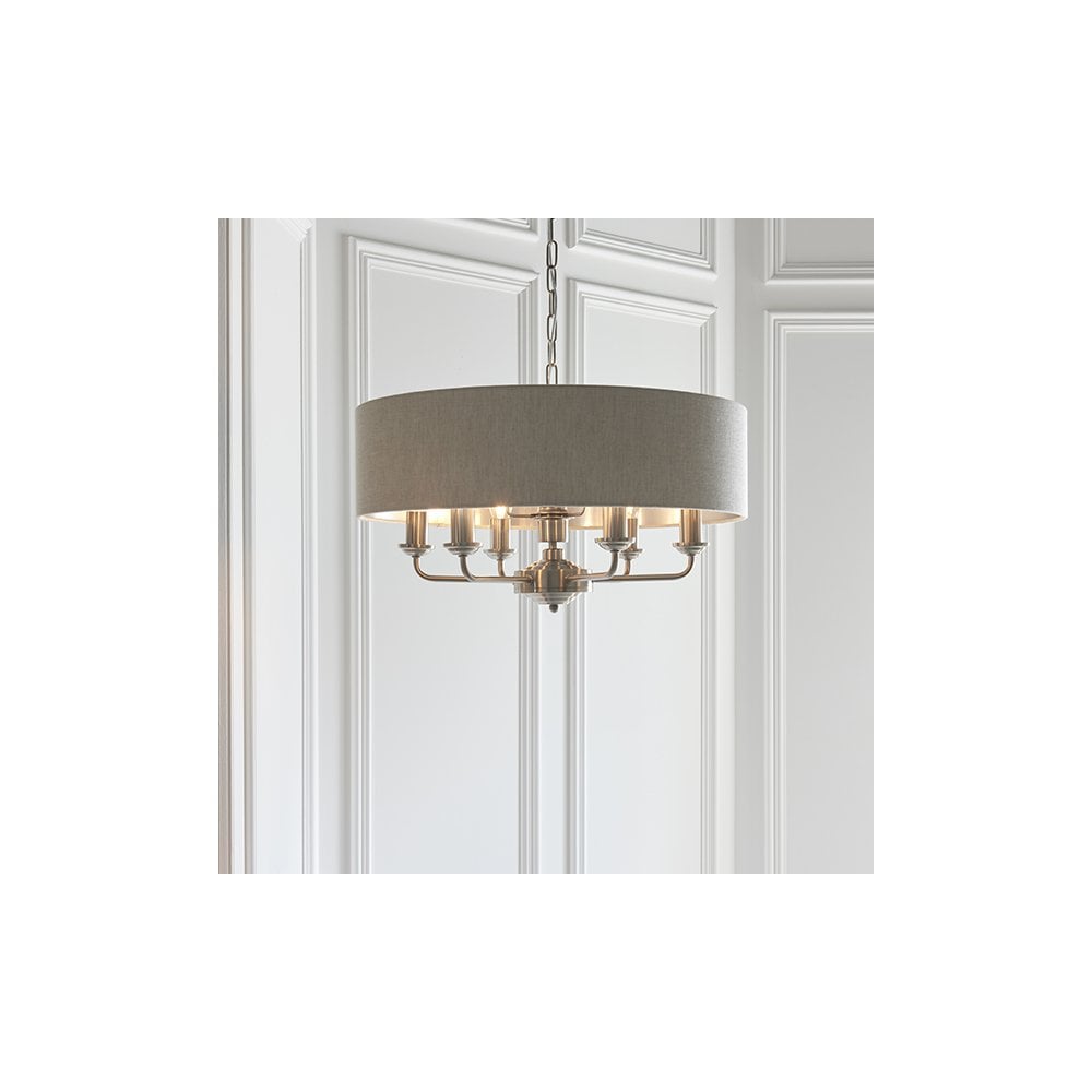 Highclere 6 Light Drum Pendant in Brushed Chrome C/W Natural Shade