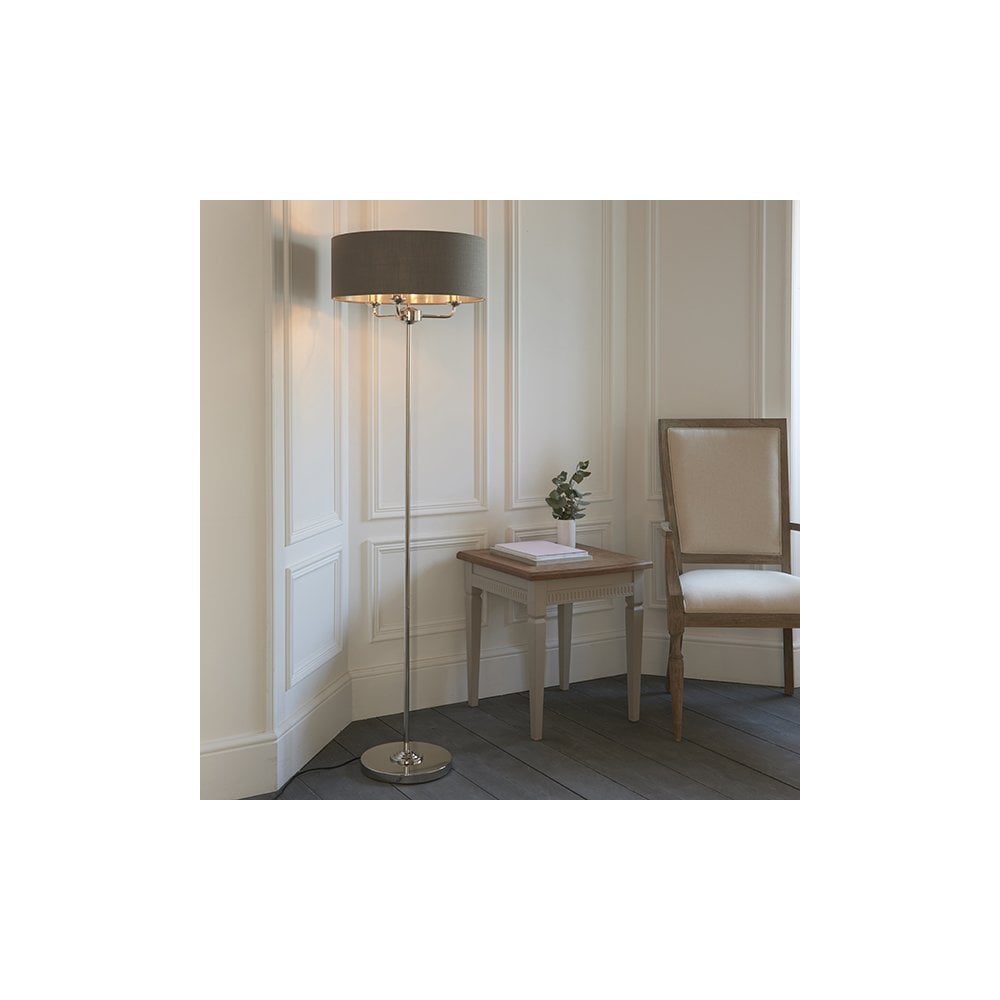 Highclere 3 Light Floor Lamp in Bright Nickel C/W Charcoal Shade
