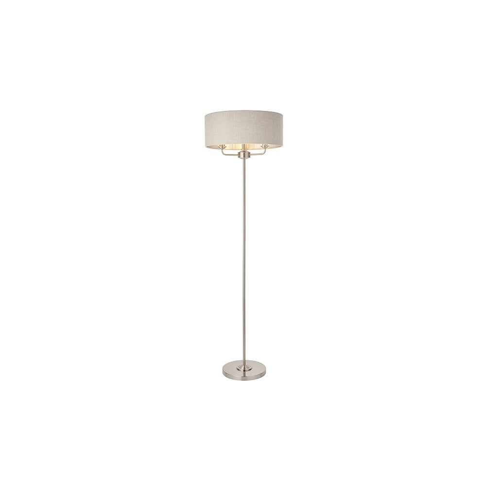 Highclere 3 Light Floor Lamp in Brushed Chrome C/W Natural Shade