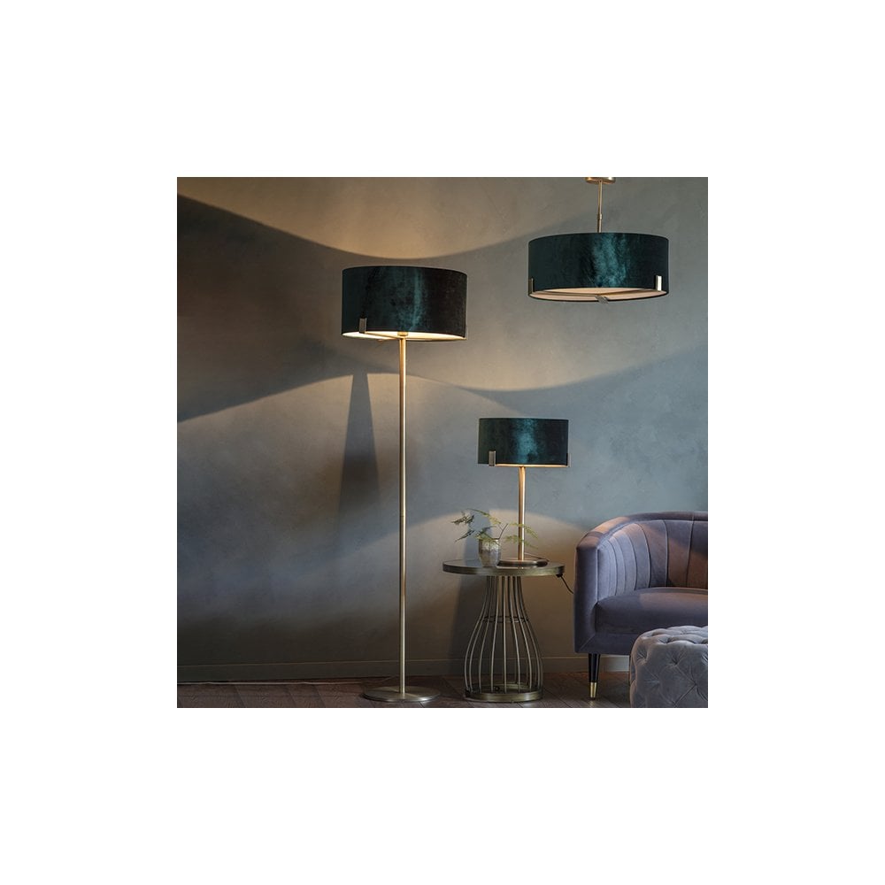 Hayfield Table Lamp in Matt Antique Brass C/W Green Velvet Shade