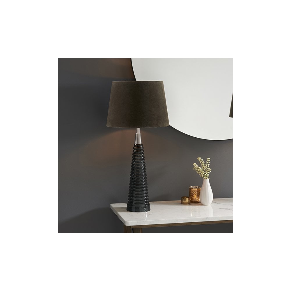Naia Dark Grey Ribbed Glass Table Lamp C/W Velvet Shade