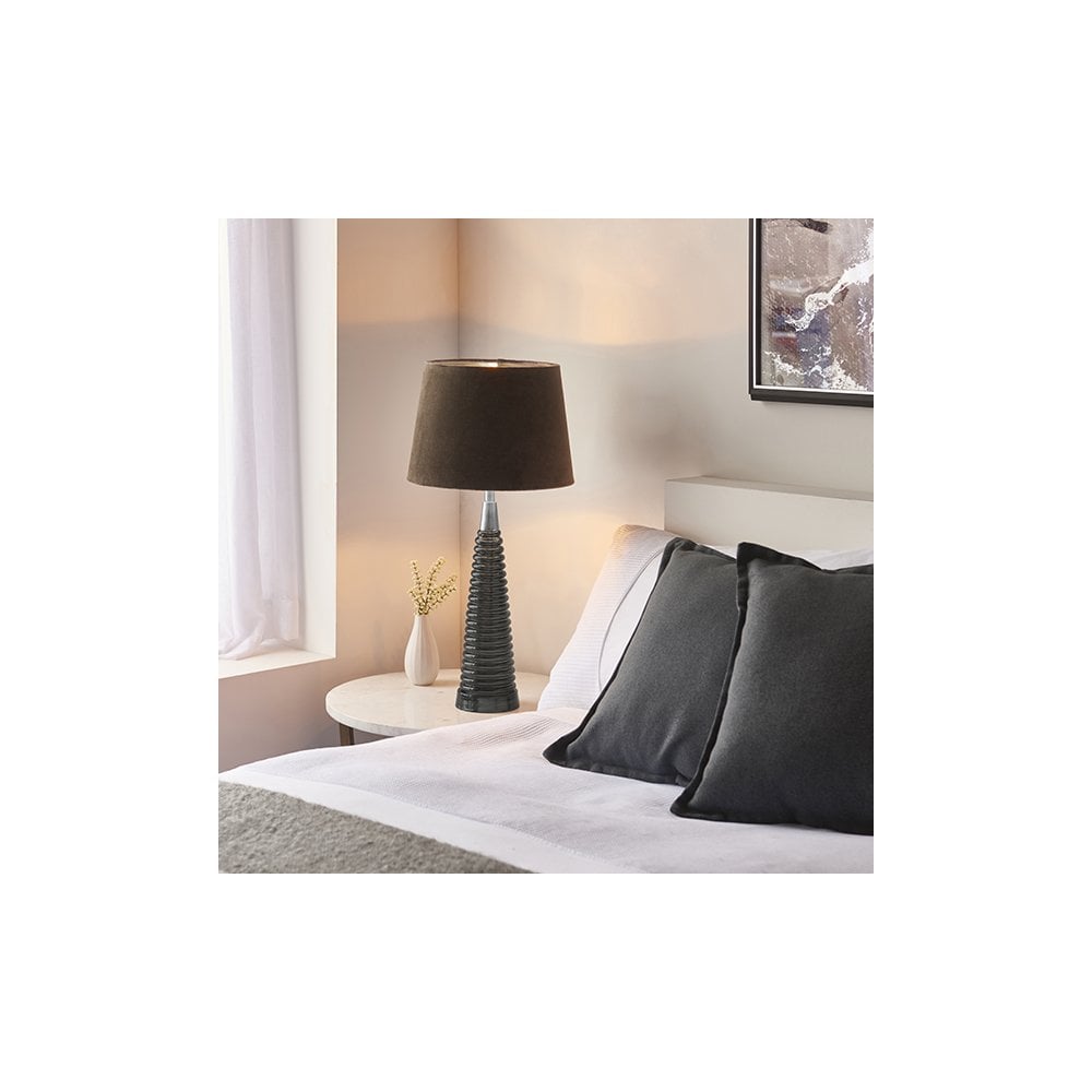 Naia Dark Grey Ribbed Glass Table Lamp C/W Velvet Shade
