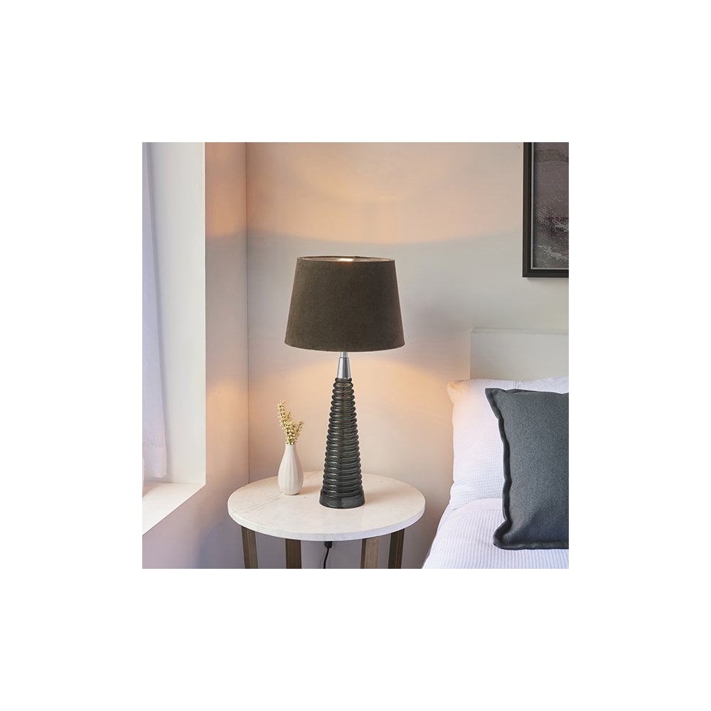 Naia Dark Grey Ribbed Glass Table Lamp C/W Velvet Shade