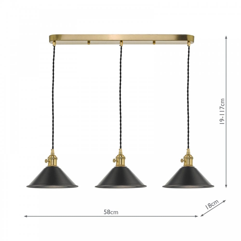 Hadano 3 Light Suspension in Natural Brass With Antique Pewter Shades