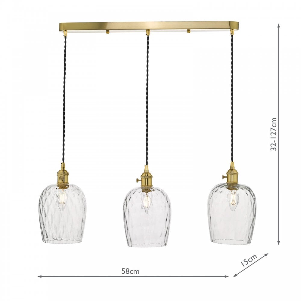 Hadano 3 Light Suspension in Natural Brass With Dimpled Glass Shades