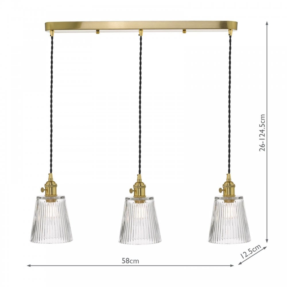 Hadano 3 Light Suspension in Natural Brass With Ribbed Glass Shades