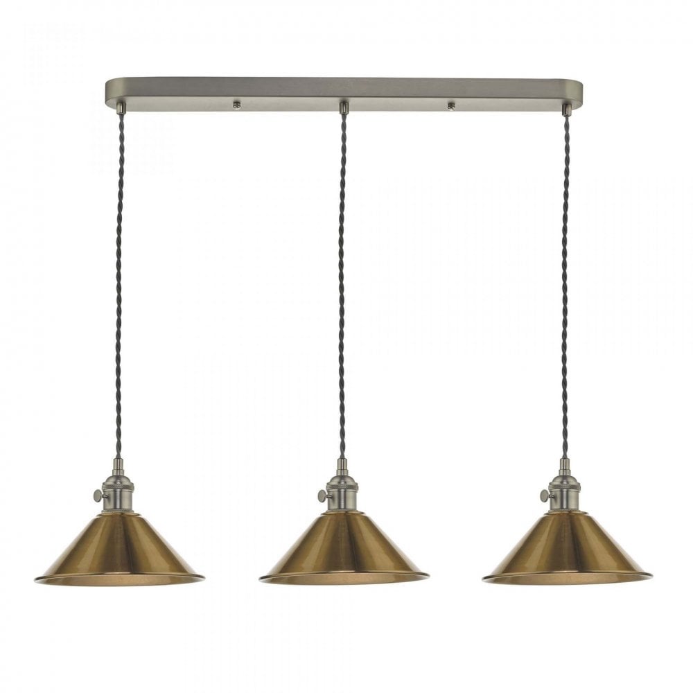 Hadano 3 Light Suspension in Antique Chrome With Brass Shades