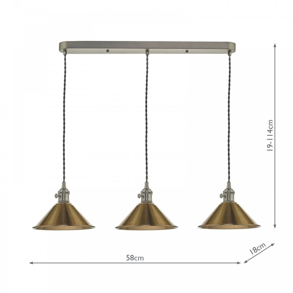 Hadano 3 Light Suspension in Antique Chrome With Brass Shades