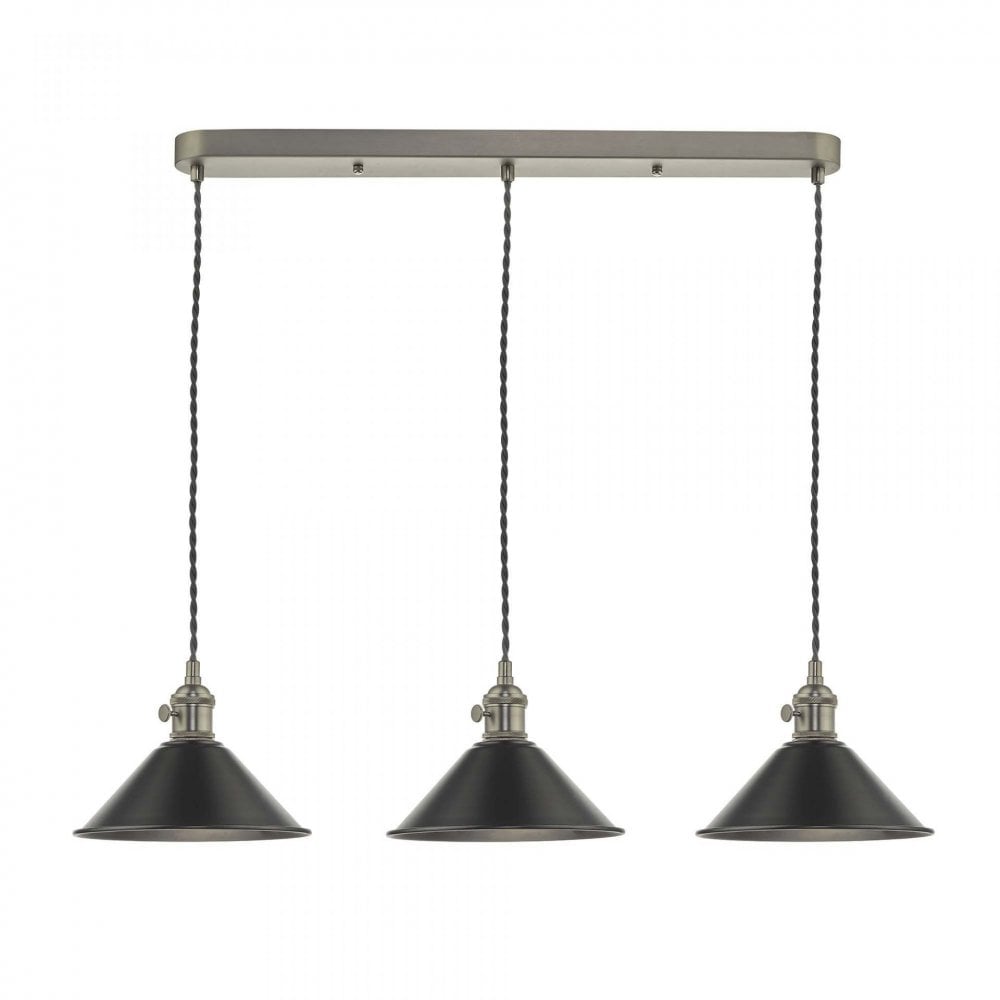 Hadano 3 Light Suspension in Antique Chrome With Antique Pewter Shades