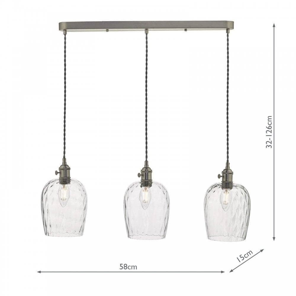 Hadano 3 Light Suspension in Antique Chrome With Dimpled Glass Shades