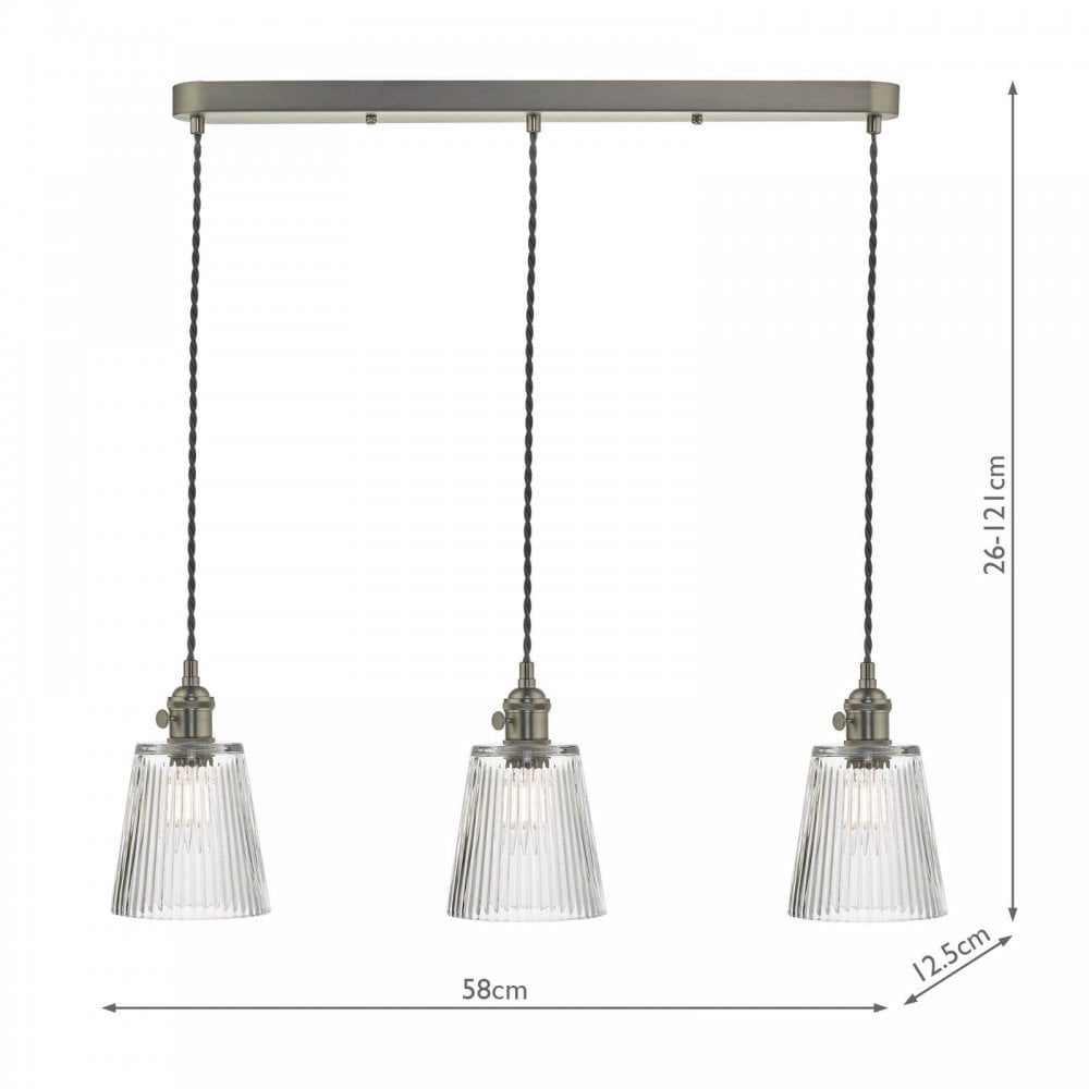 Hadano 3 Light Suspension in Antique Chrome With Ribbed Glass Shades