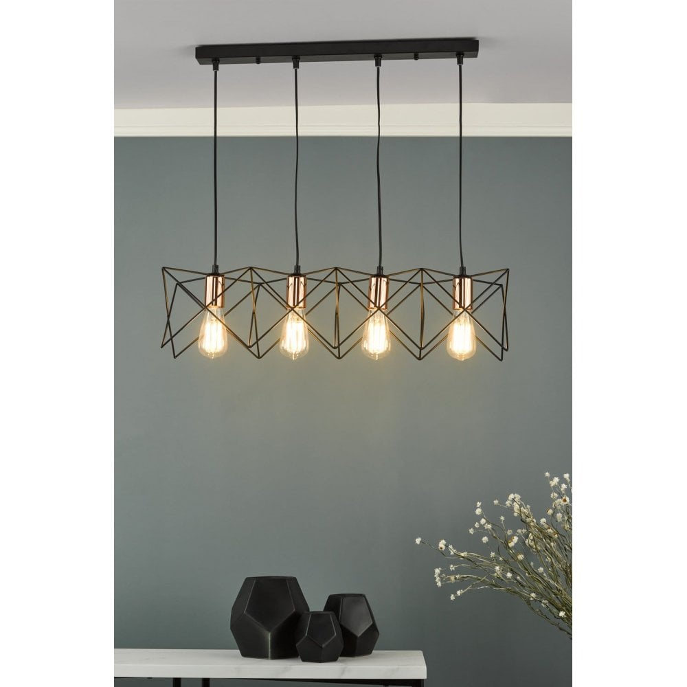 Midi 4 Light Bar Pendant in Black with Bright Copper Detail