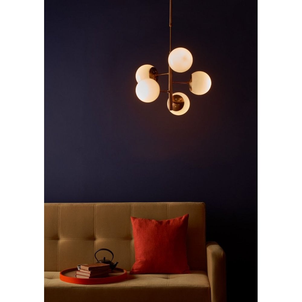 Bombazine 5 Light Pendant Natural Brass & White Opal Glass