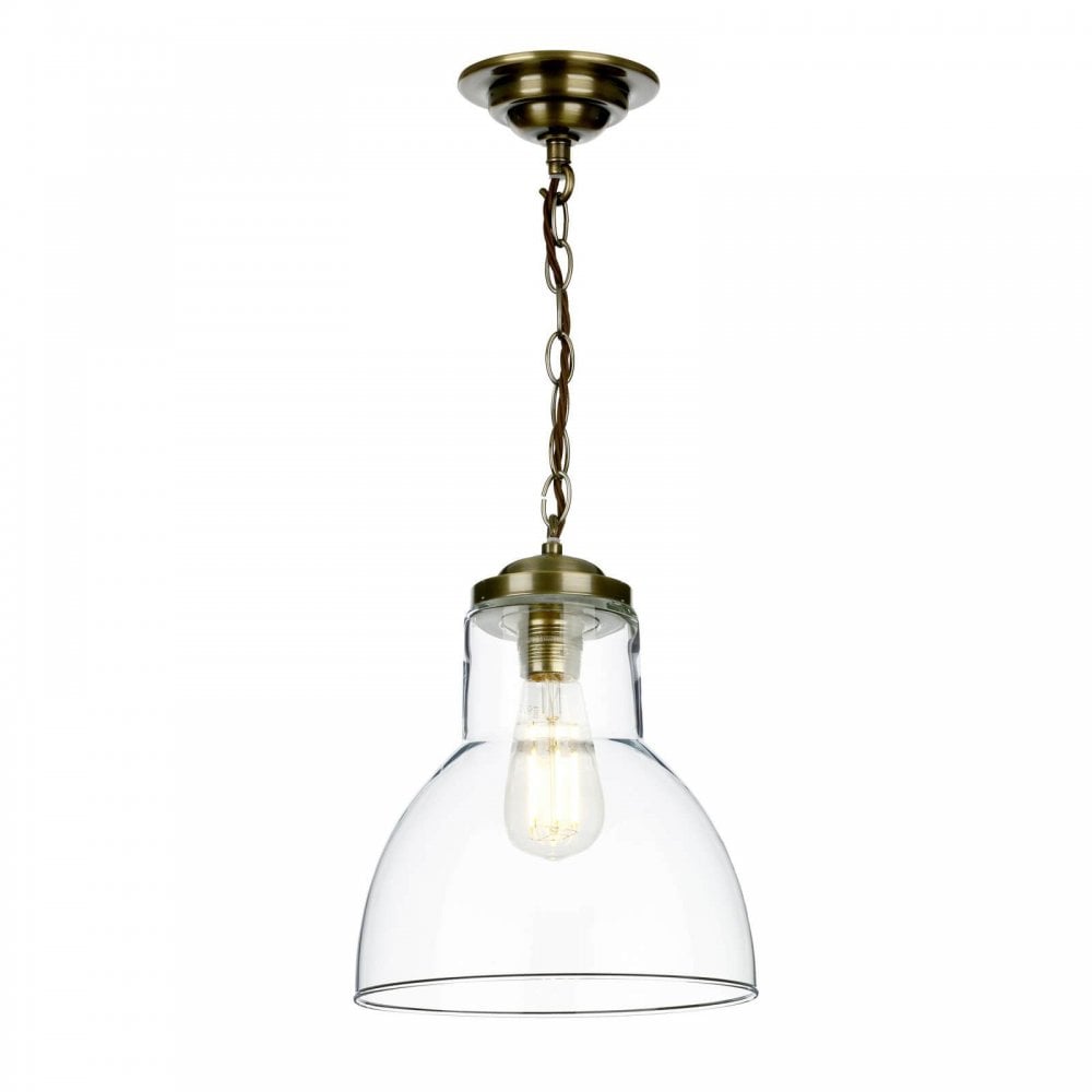 Upton Small 1 Light Clear Glass Antique Brass Pendant