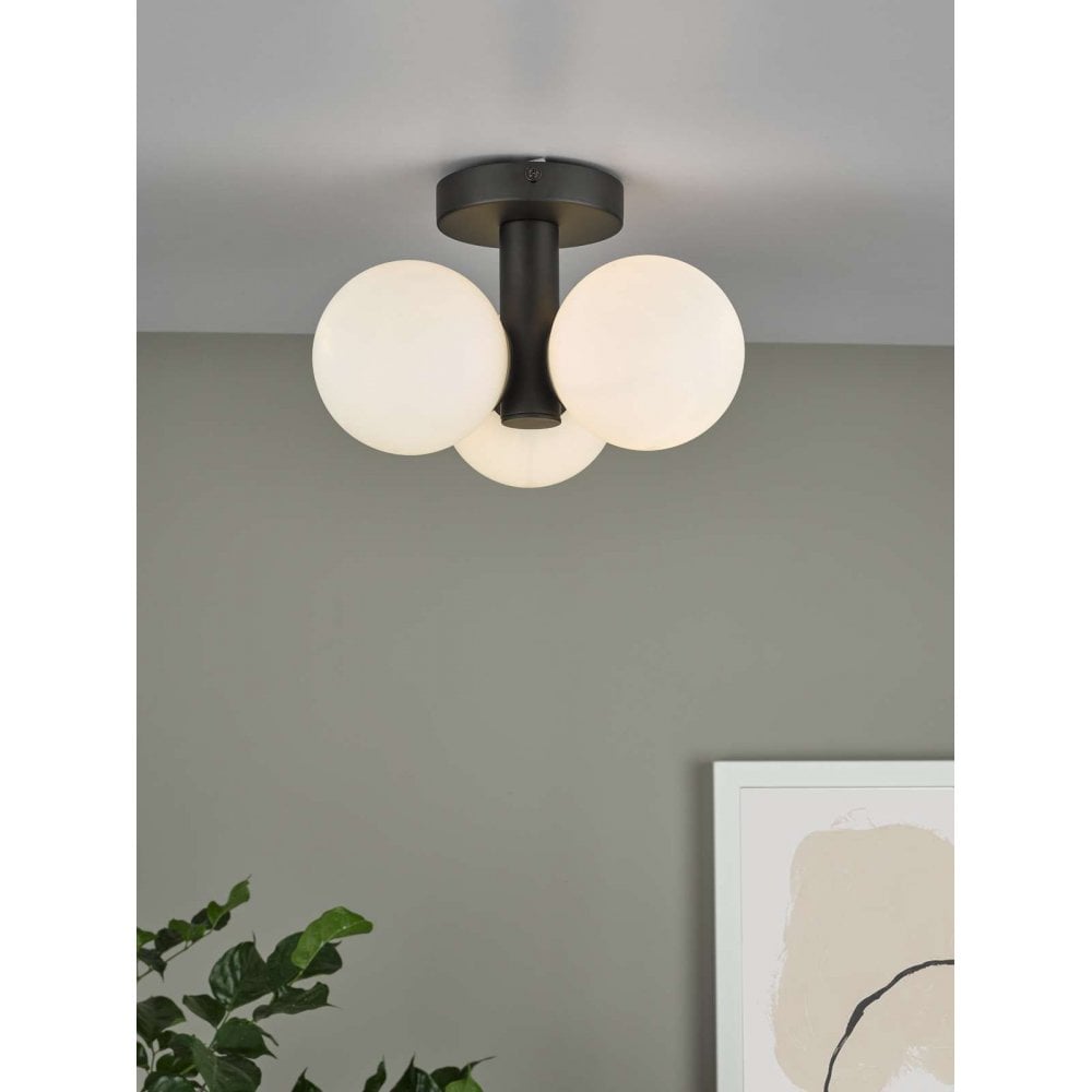 Blake 3 Light Bathroom Black Flush Fitting C/W Opak Glass Shades