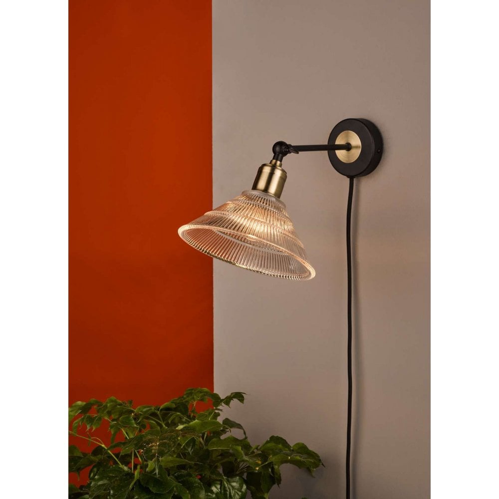 Boyd Wall Light in Antique Brass C/W Ribbed Glass Shade