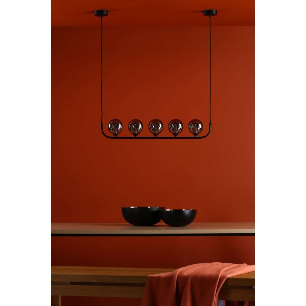 Cradle 5 Light Bar Pendant in Matt Black & Smoked Glass