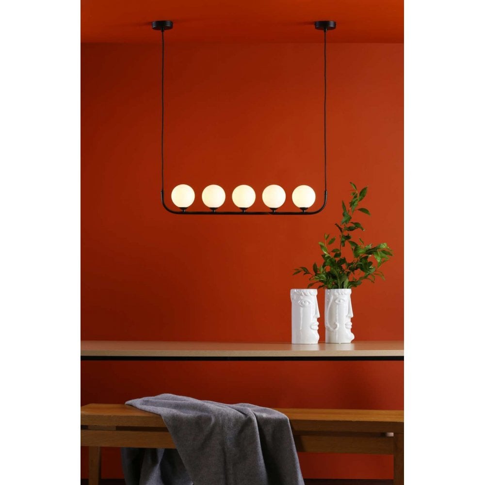 Cradle 5 Light Bar Pendant in Matt Black & Opal Glass