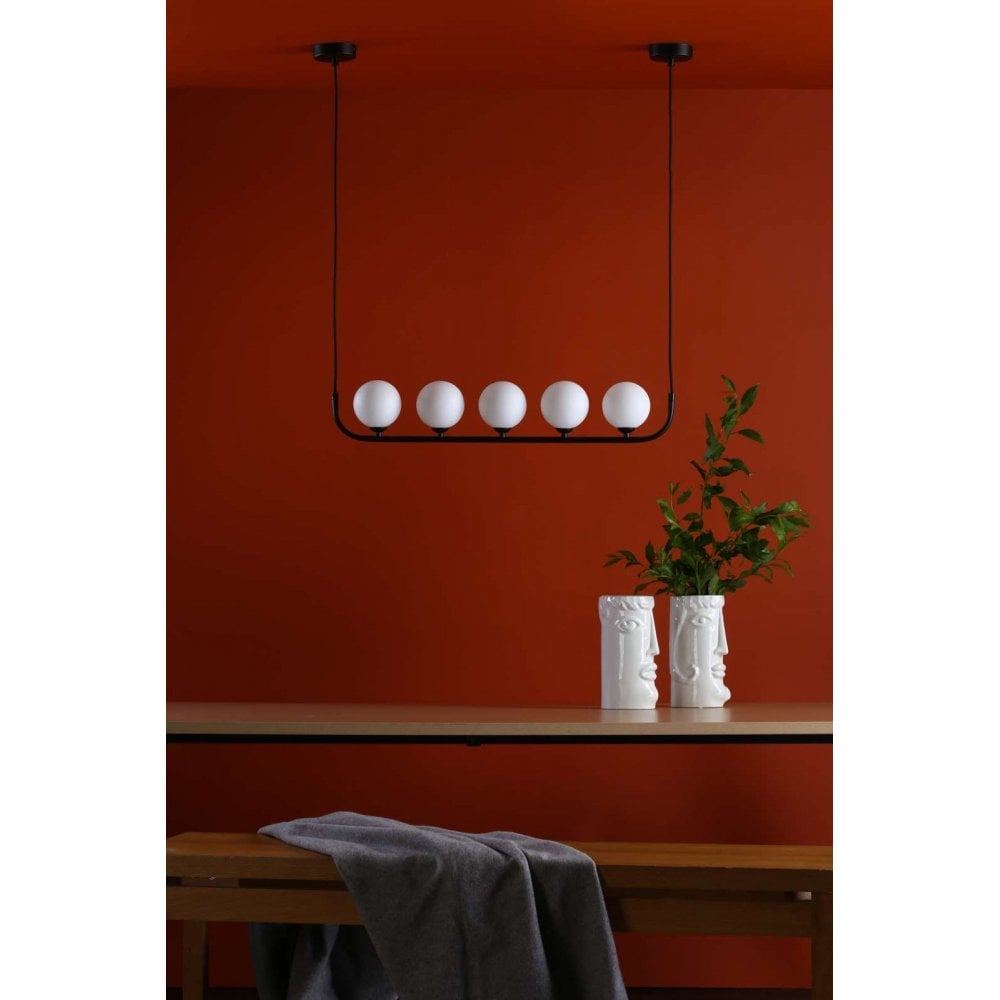 Cradle 5 Light Bar Pendant in Matt Black & Opal Glass