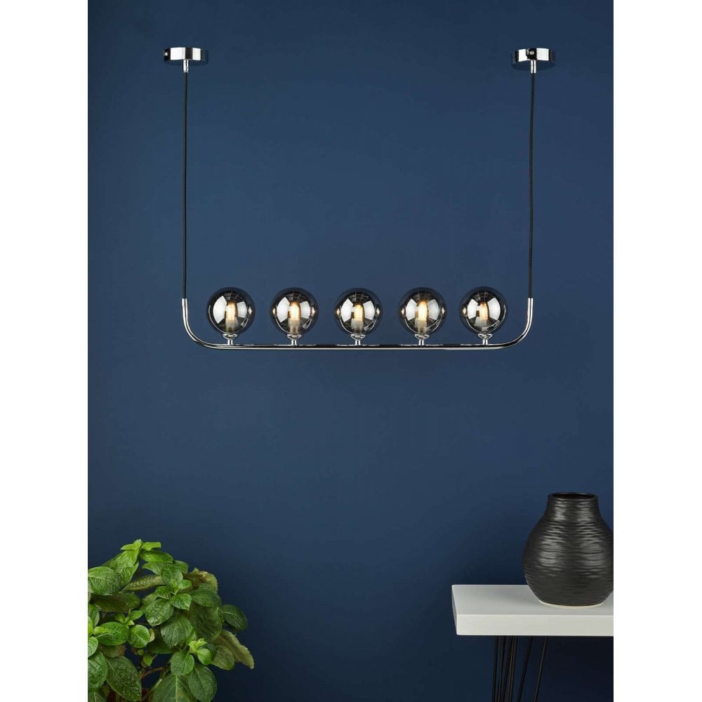 Cradle 5 Light Bar Pendant in Polished Chrome & Smoked Glass