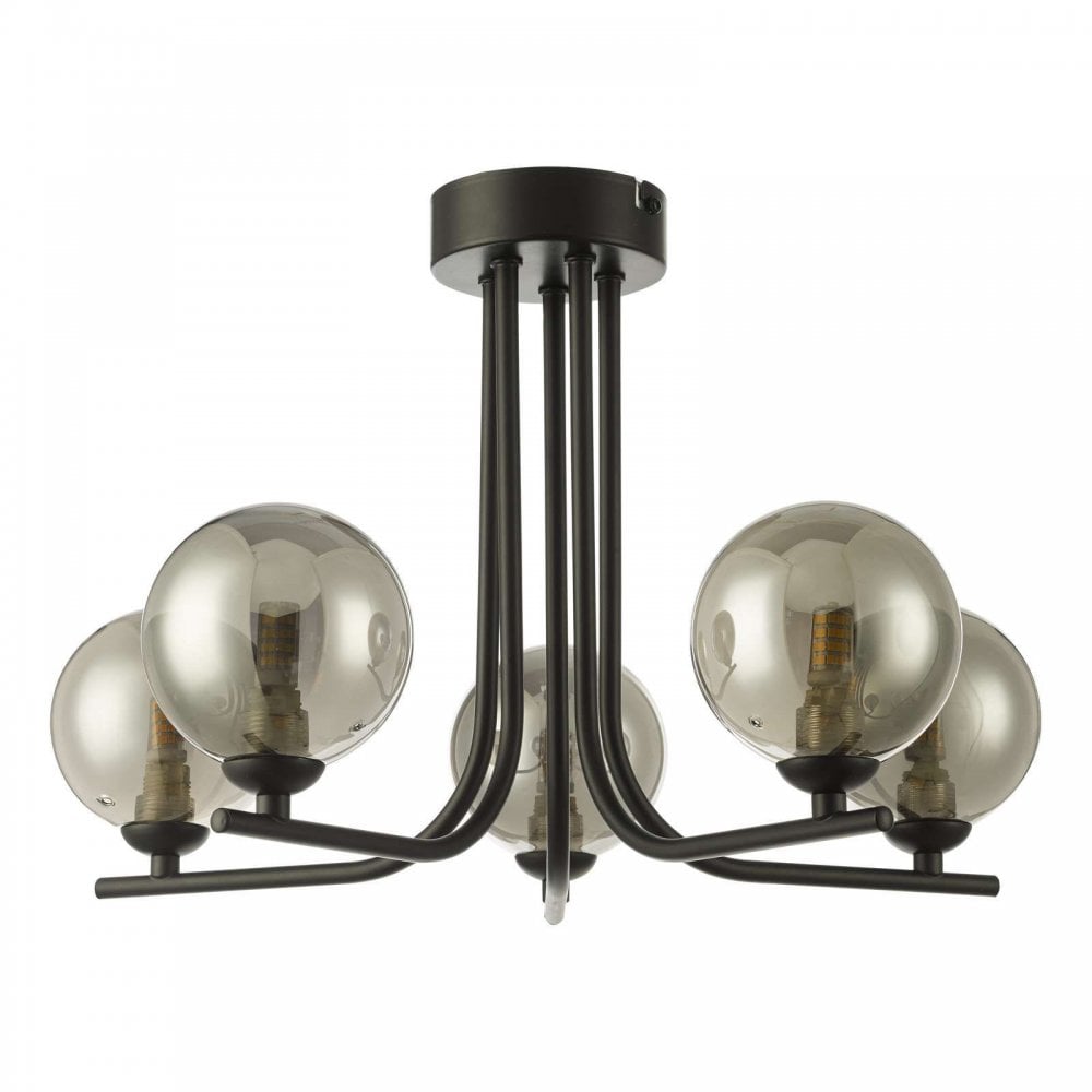 Cradle 5 Light Matt Black Semi Flush with Smoked Glass