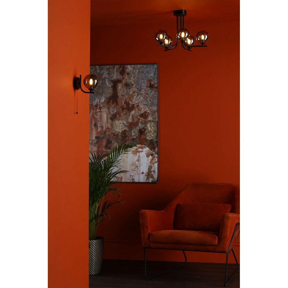 Cradle 5 Light Matt Black Semi Flush with Smoked Glass