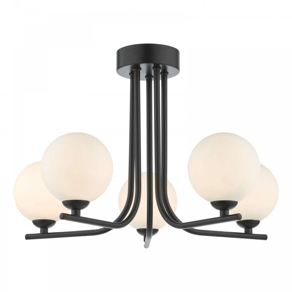 Cradle 5 Light Matt Black Semi Flush with Opal Glass