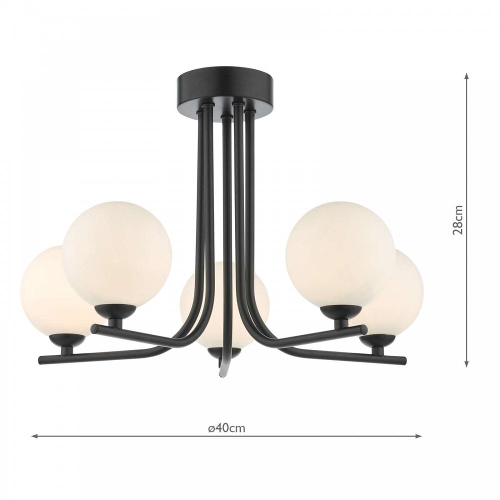Cradle 5 Light Matt Black Semi Flush with Opal Glass