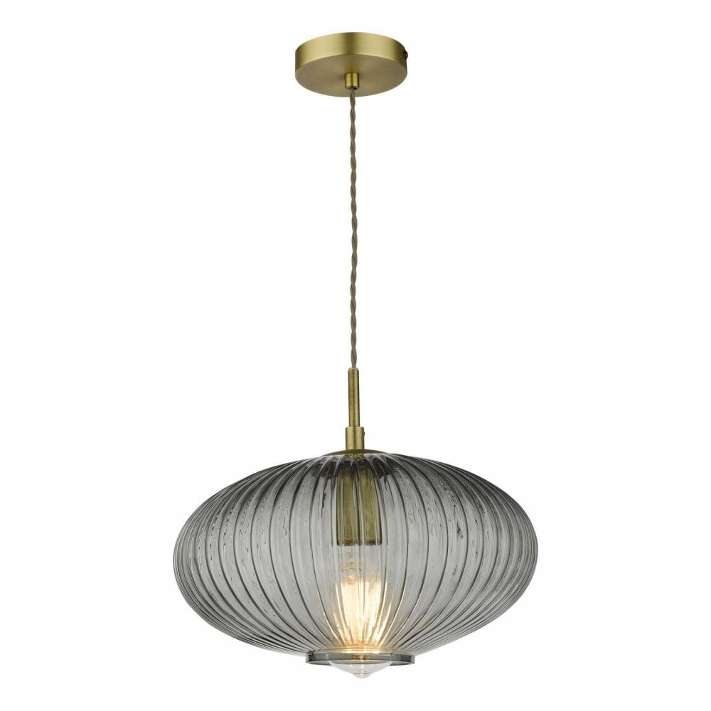 Edmond Single Pendant in Antique Brass & Smoked Ribbed Glass