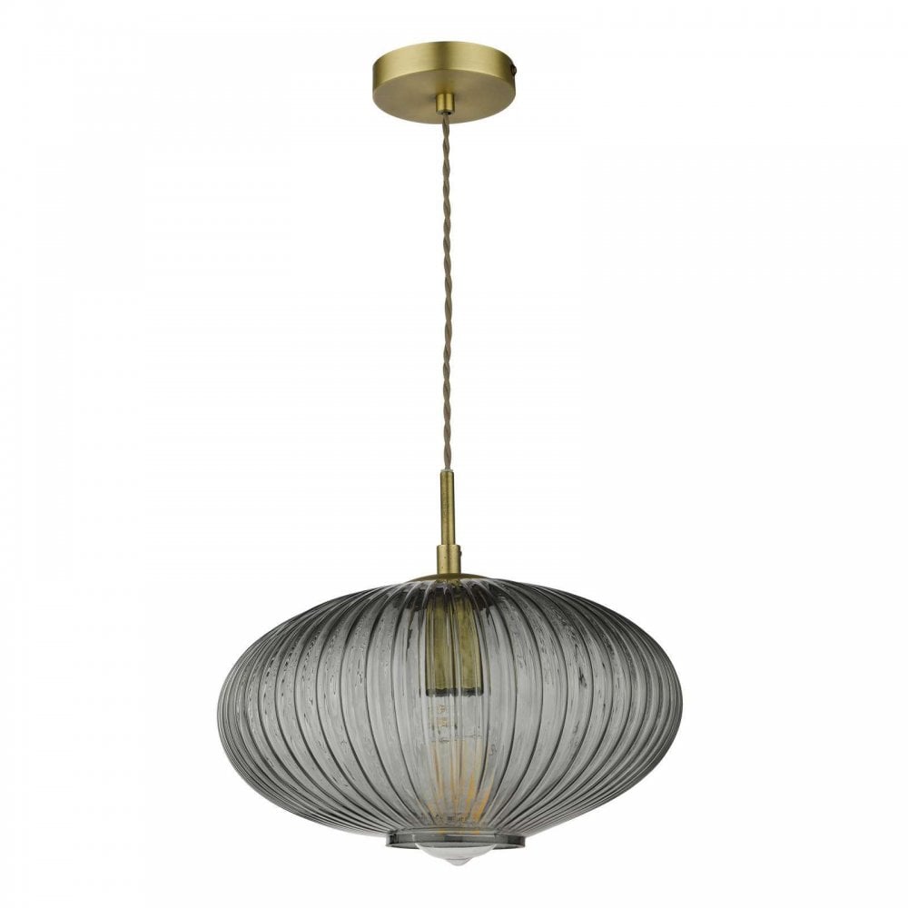 Edmond Single Pendant in Antique Brass & Smoked Ribbed Glass