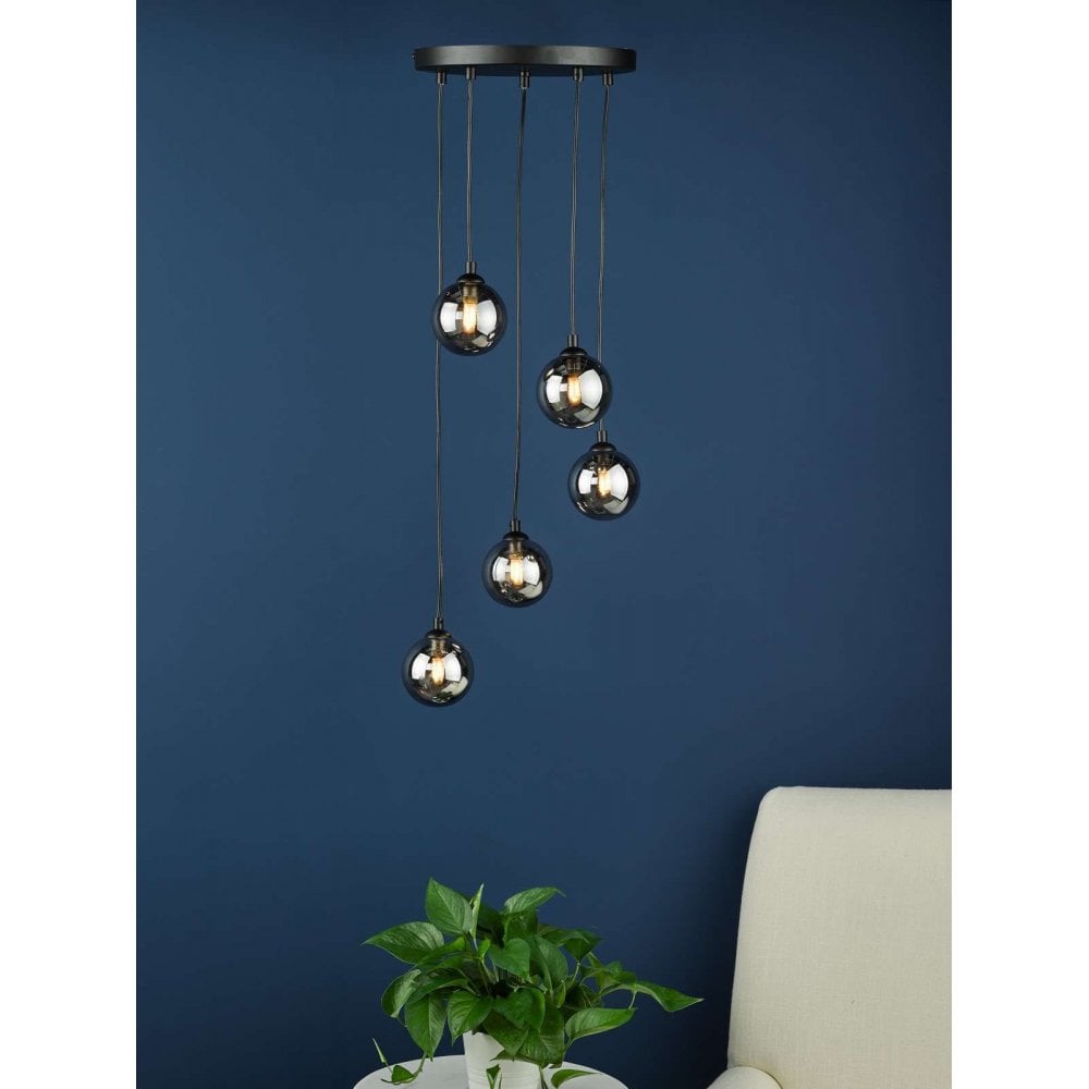 Federico 5 Light Pendant in Black & Smoked Glass
