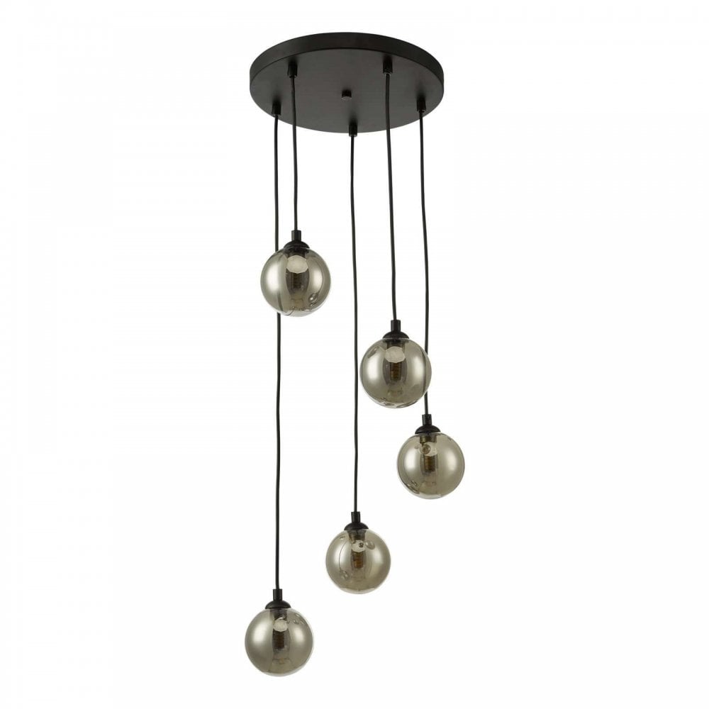 Federico 5 Light Pendant in Black & Smoked Glass