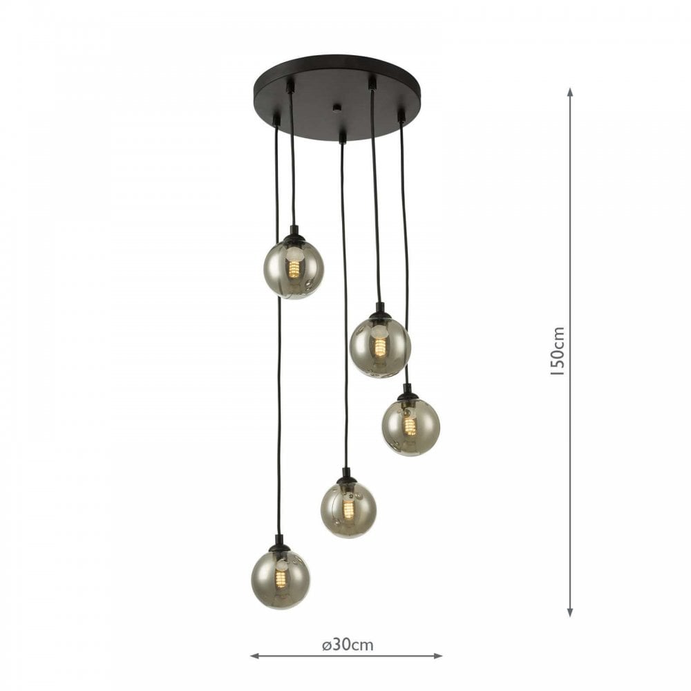 Federico 5 Light Pendant in Black & Smoked Glass