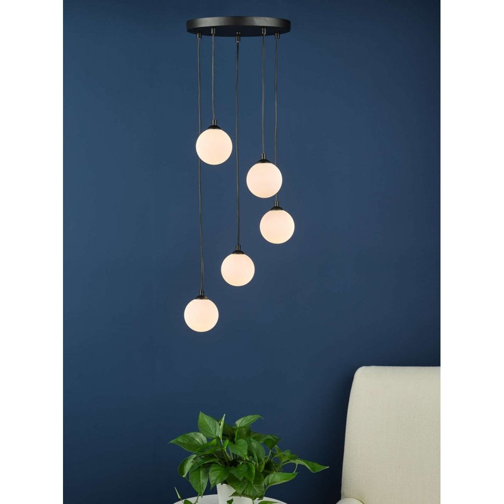 Federico 5 Light Pendant in Black & Opal Glass