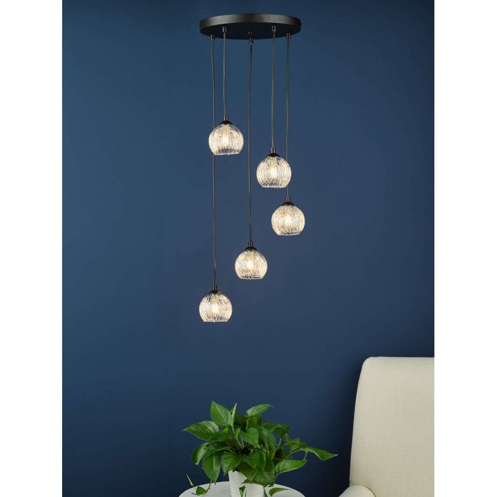 Federico 5 Light Pendant in Black & Clear/Wire Glass