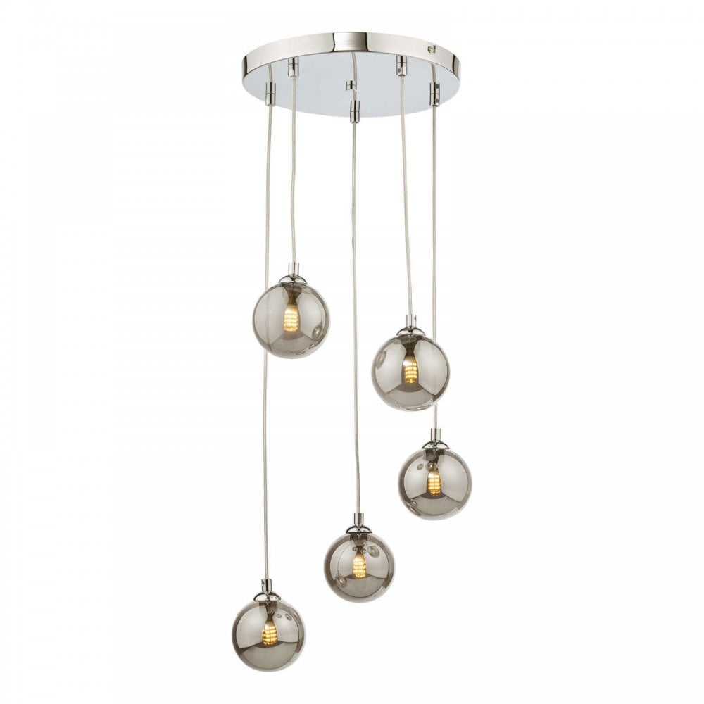Federico 5 Light Pendant in Polished Chrome & Smoked Glass