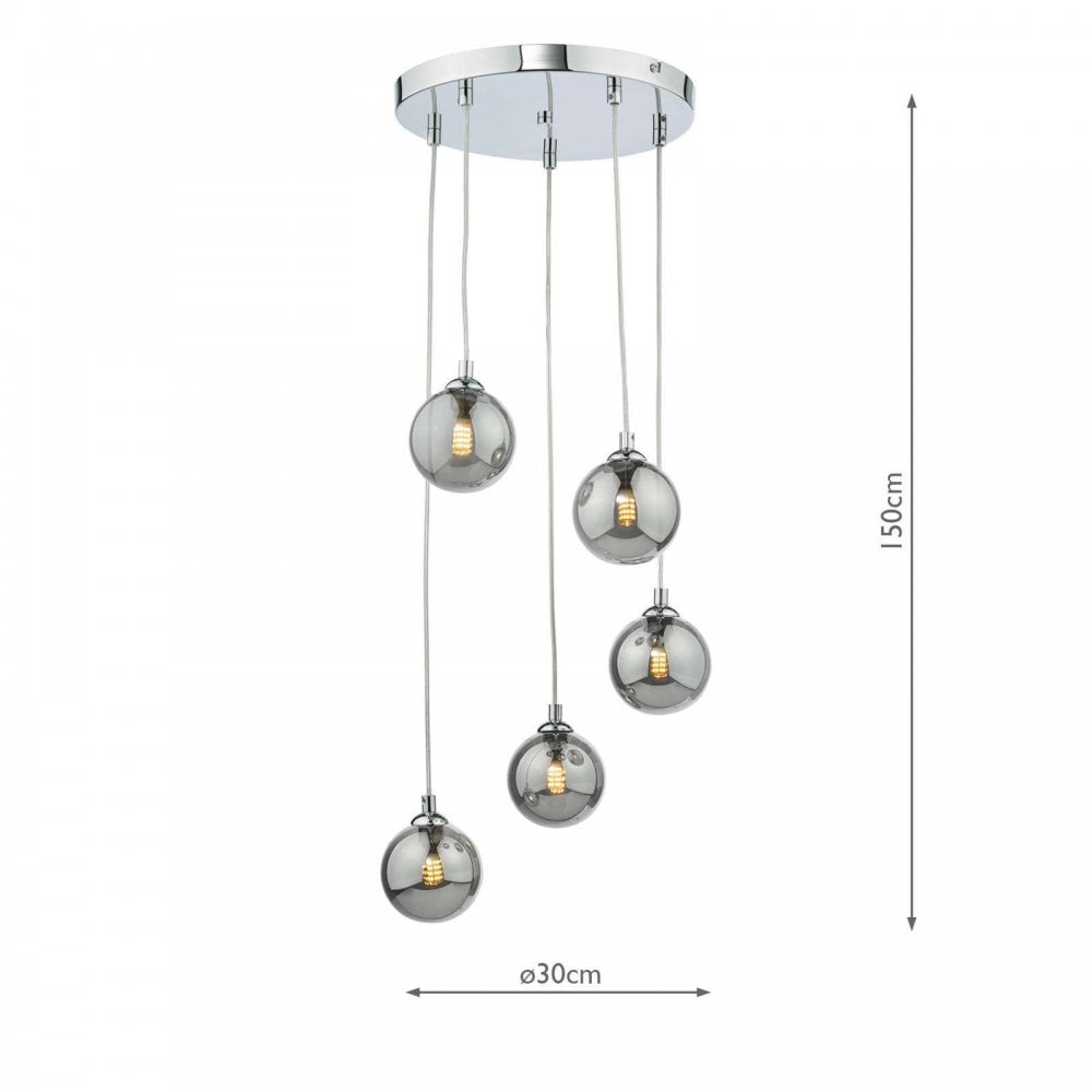Federico 5 Light Pendant in Polished Chrome & Smoked Glass