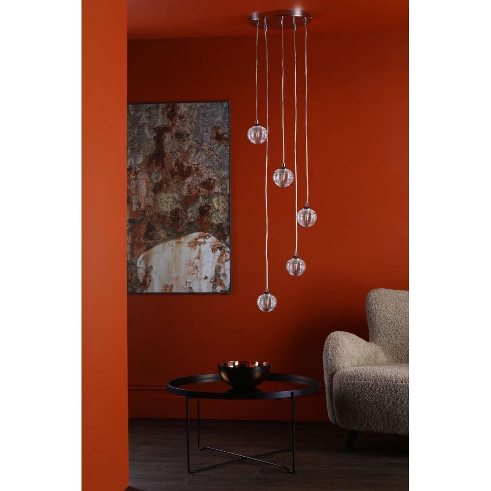 Federico 5 Light Pendant in Polished Chrome & Ribbed Glass