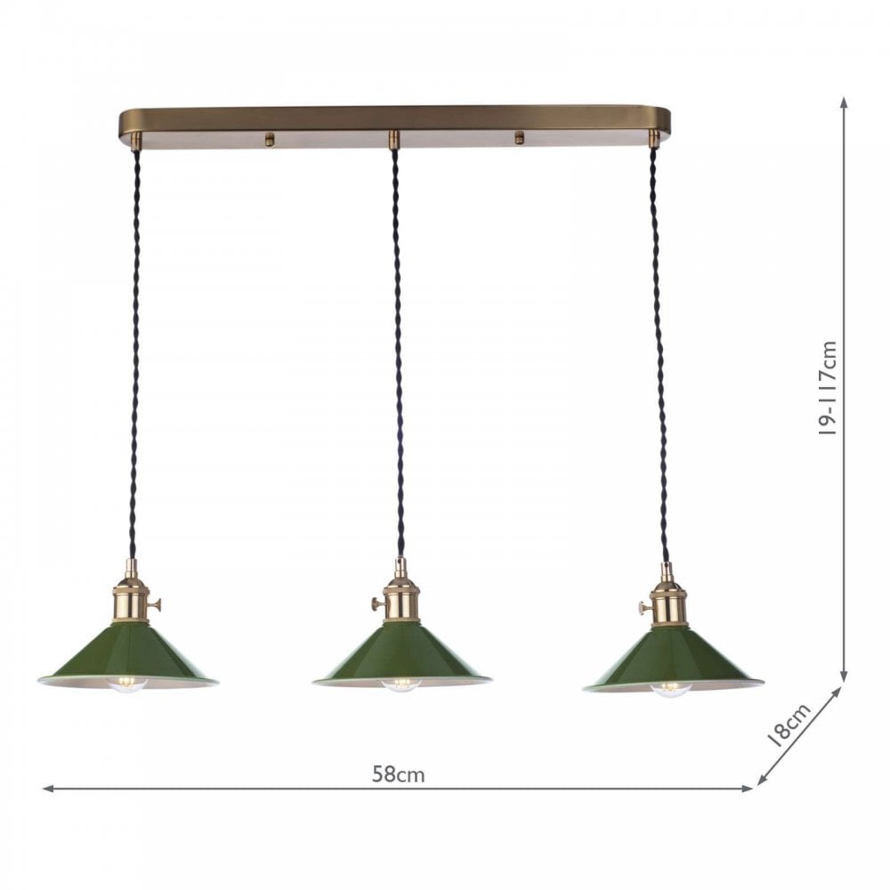 Hadano 3 Light Bar Natural Brass Fitting Olive Green Shade