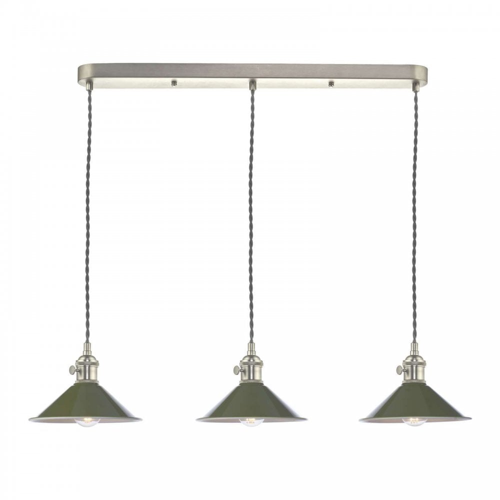 Hadano 3 Light Bar Antique Chrome Fitting Olive Green Shade