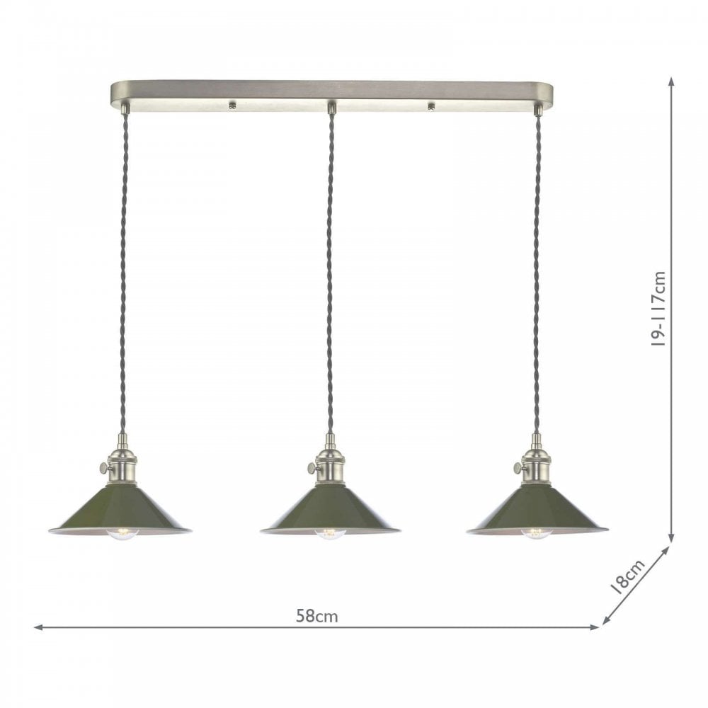 Hadano 3 Light Bar Antique Chrome Fitting Olive Green Shade