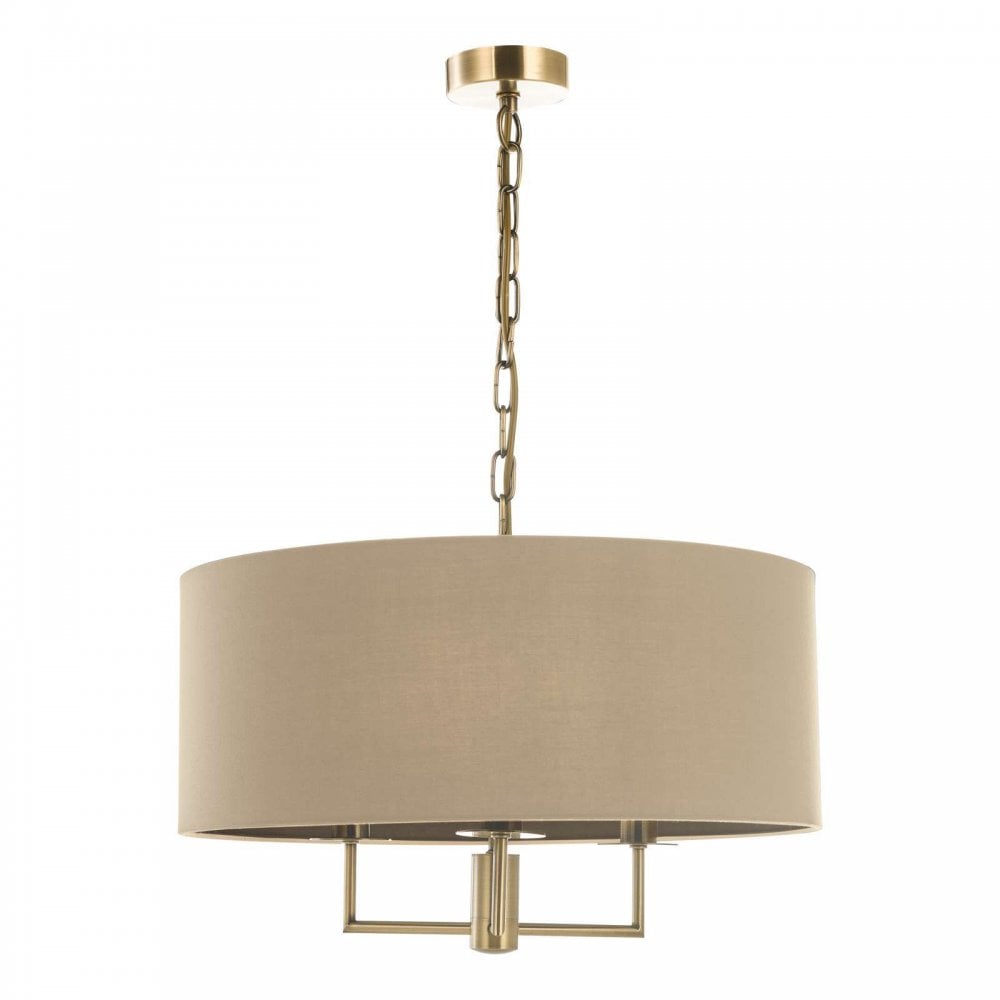 Jamelia Antique Brass 3 Light Pendant C/W Taupe Shade