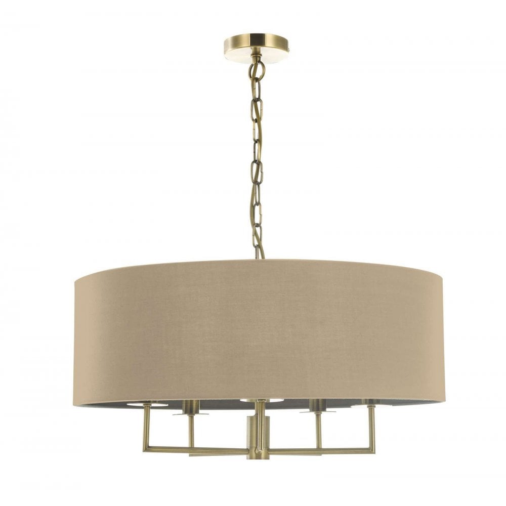 Jamelia Antique Brass 5 Light Pendant C/W Taupe Shade
