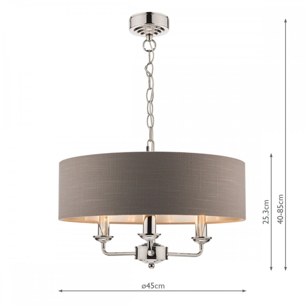 Sorrento 3 Light Pendant in Polished Nickel C/W Charcoal Shade