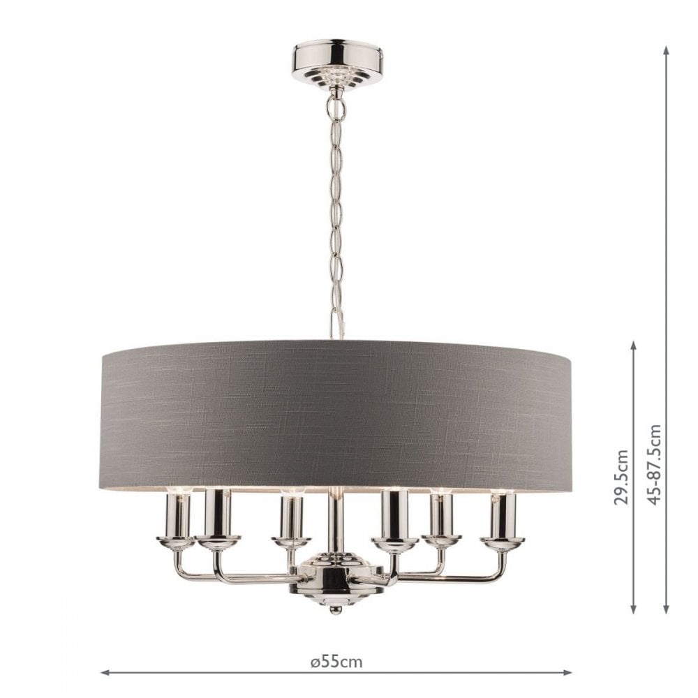 Sorrento 6 Light Pendant in Polished Nickel C/W Charcoal Shade